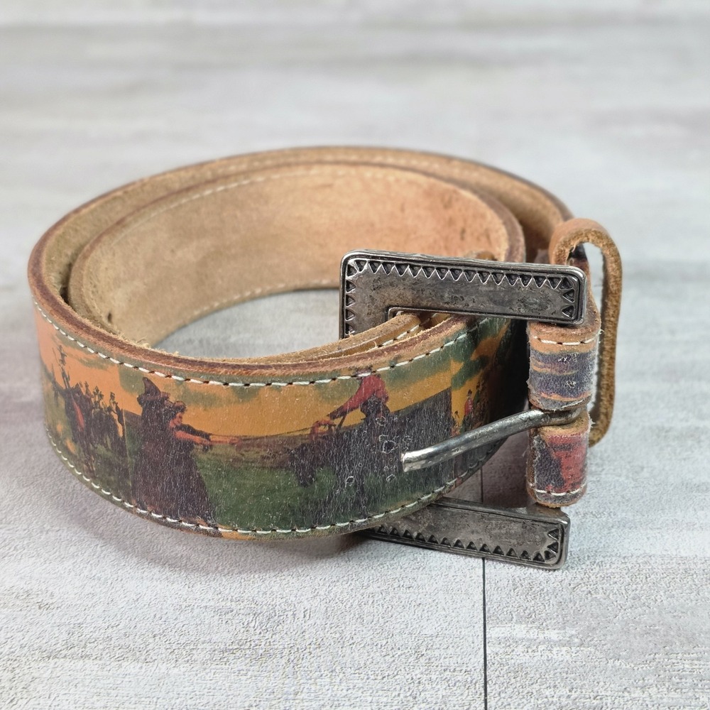 Leather Belt USA Western Cowboy Themed Rough-out Suede SilverTone Buckle 34"Long